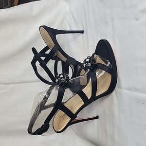 #11 Vince Camuto Black satin strapped sandal  with bead & pearl  embellishment 9